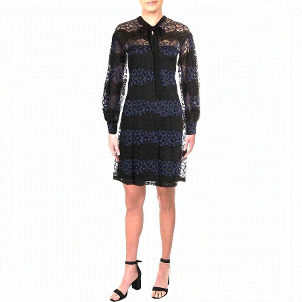 Gabby Skye Lace Dress A-Line Long‎ Sleeve Bow Neck Black Purple Size 4